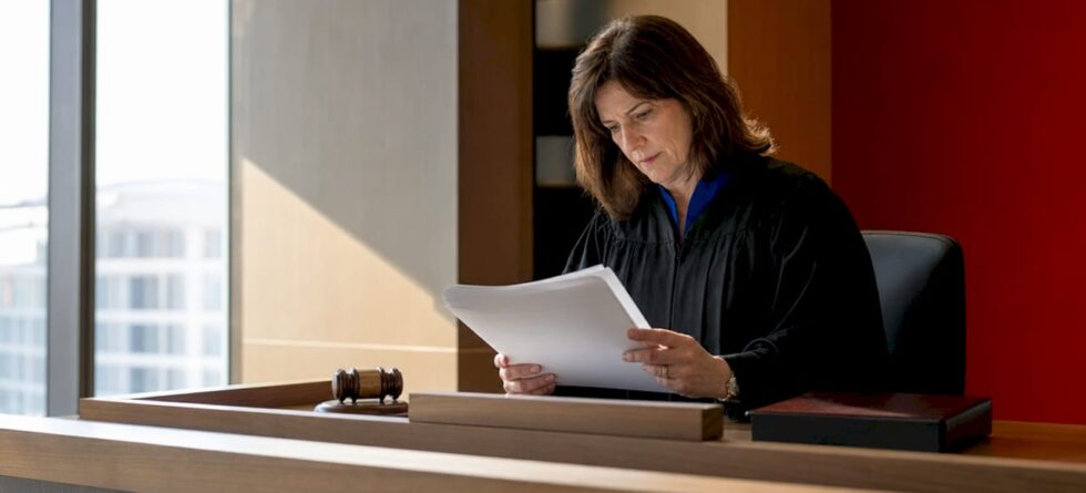 Judge reviewing bail decision documents in courtroom