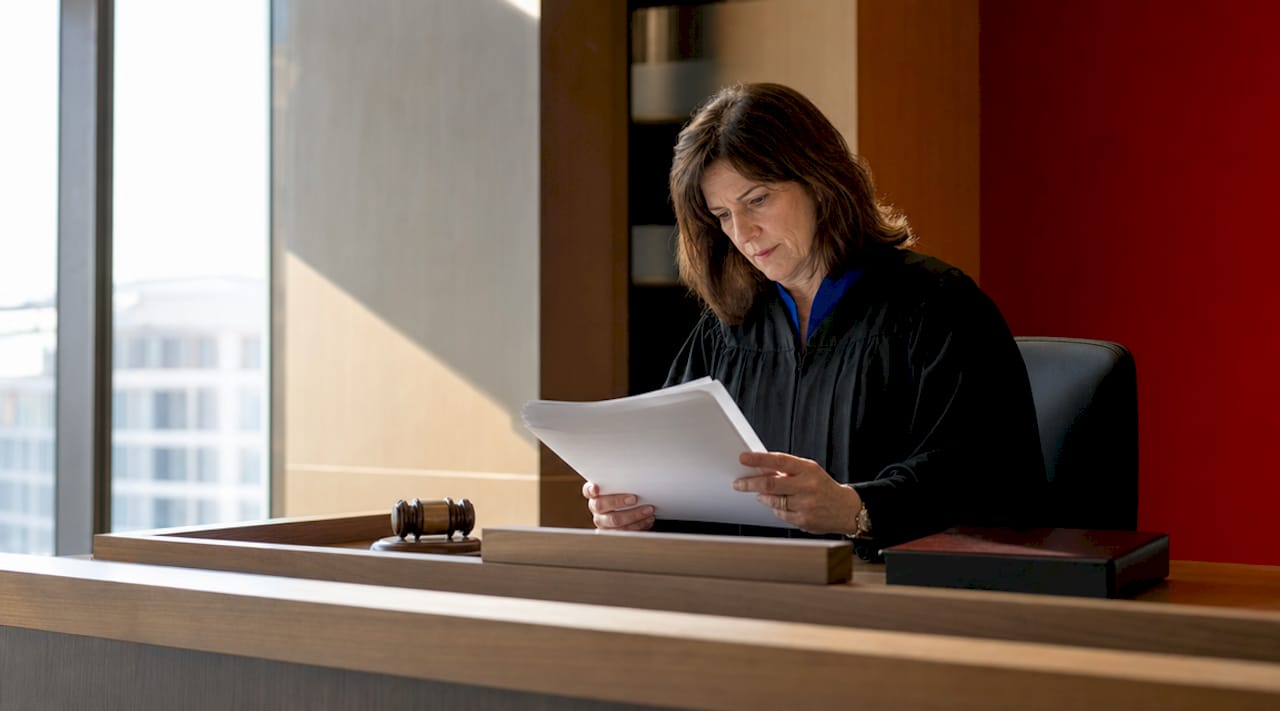 Judge reviewing bail decision documents in courtroom
