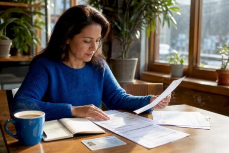 Person organizing bail bond documents at kitchen table
