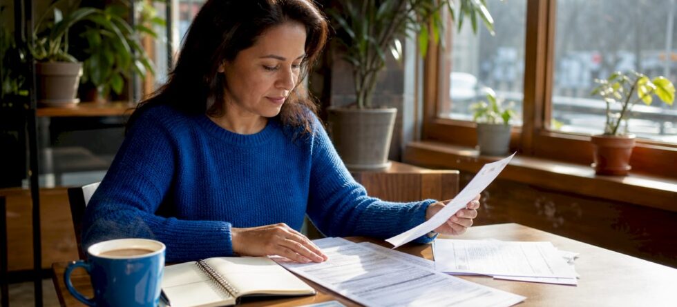 Person organizing bail bond documents at kitchen table