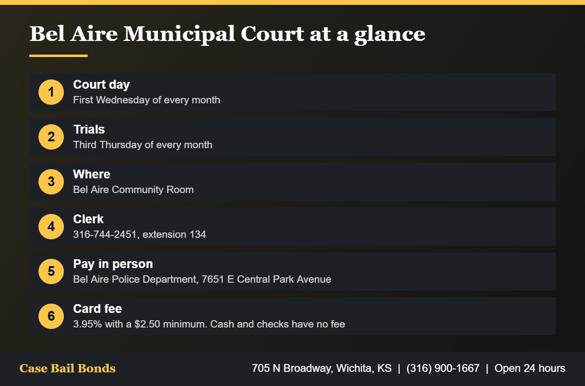 Key facts on Bel Aire Municipal Court for bail bonds in Bel Aire KS including the monthly court day