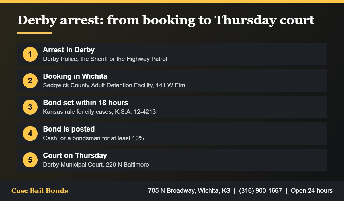Four steps for bail bonds in Derby KS from booking in Wichita to Derby Municipal Court on Thursday