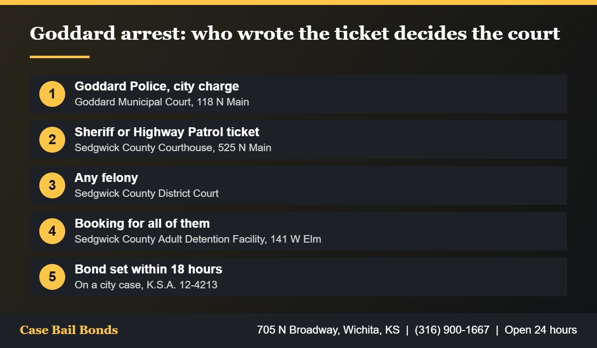 Chart for bail bonds in Goddard KS showing which court handles a case based on the arresting agency