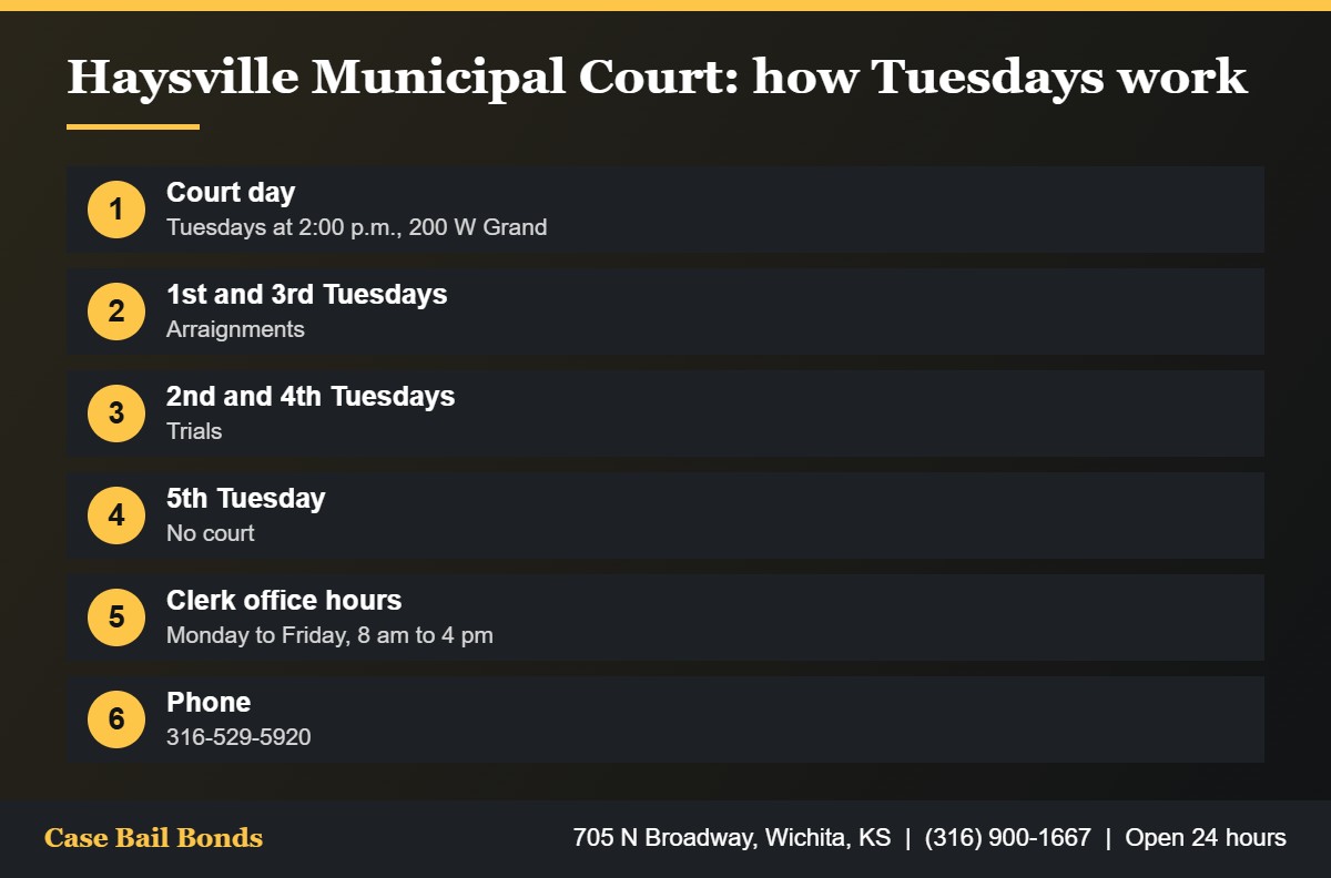 Schedule for Haysville Municipal Court used with bail bonds in Haysville KS, with arraignments and trials on alternating Tuesdays
