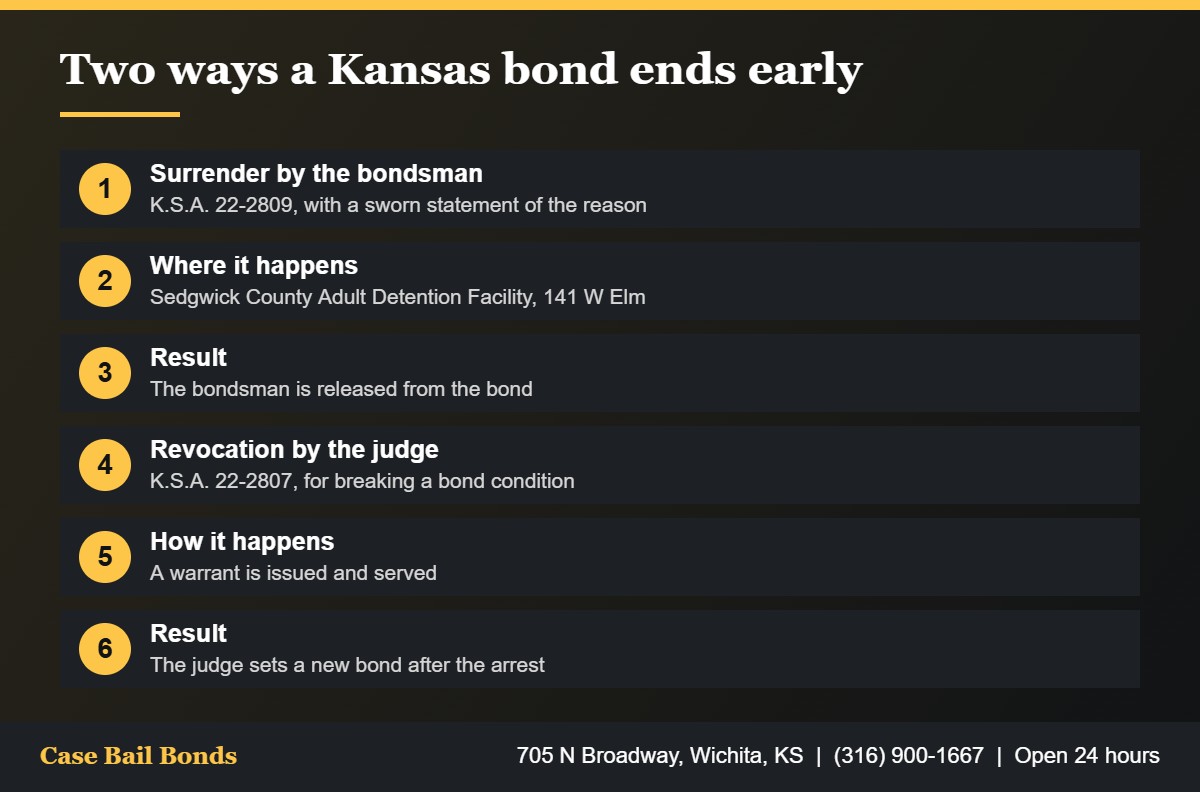 Chart showing the two ways a bond is revoked in Kansas: surrender by the bondsman and revocation by the judge
