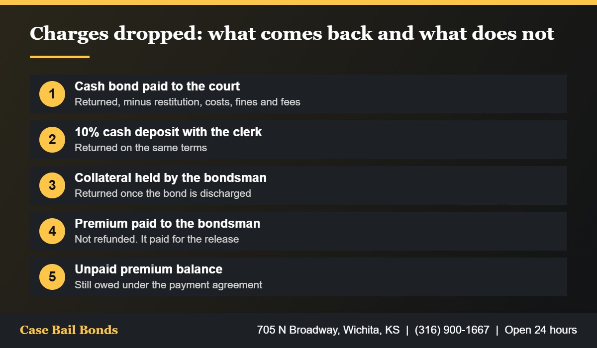Bail money back chart showing what is returned when charges are dropped in Kansas