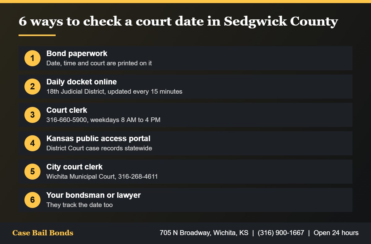 Six ways to check a court date in Sedgwick County including the daily docket and the court clerk