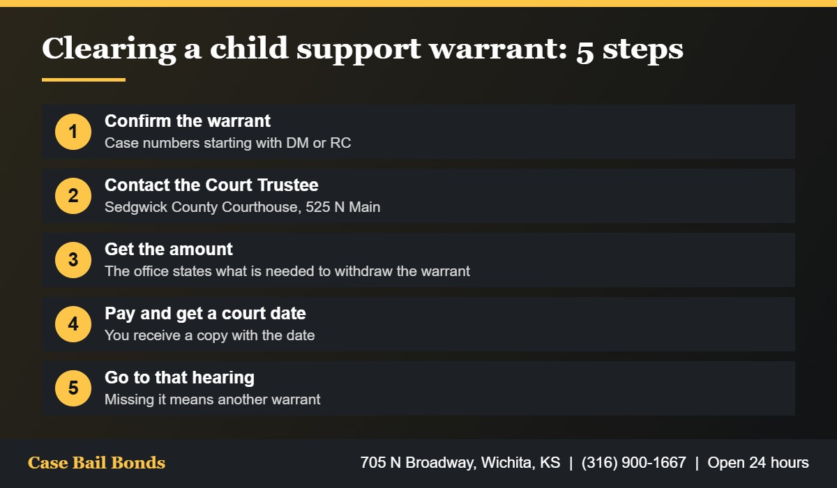Five steps to clear a child support warrant in Sedgwick County through the Court Trustee at the courthouse