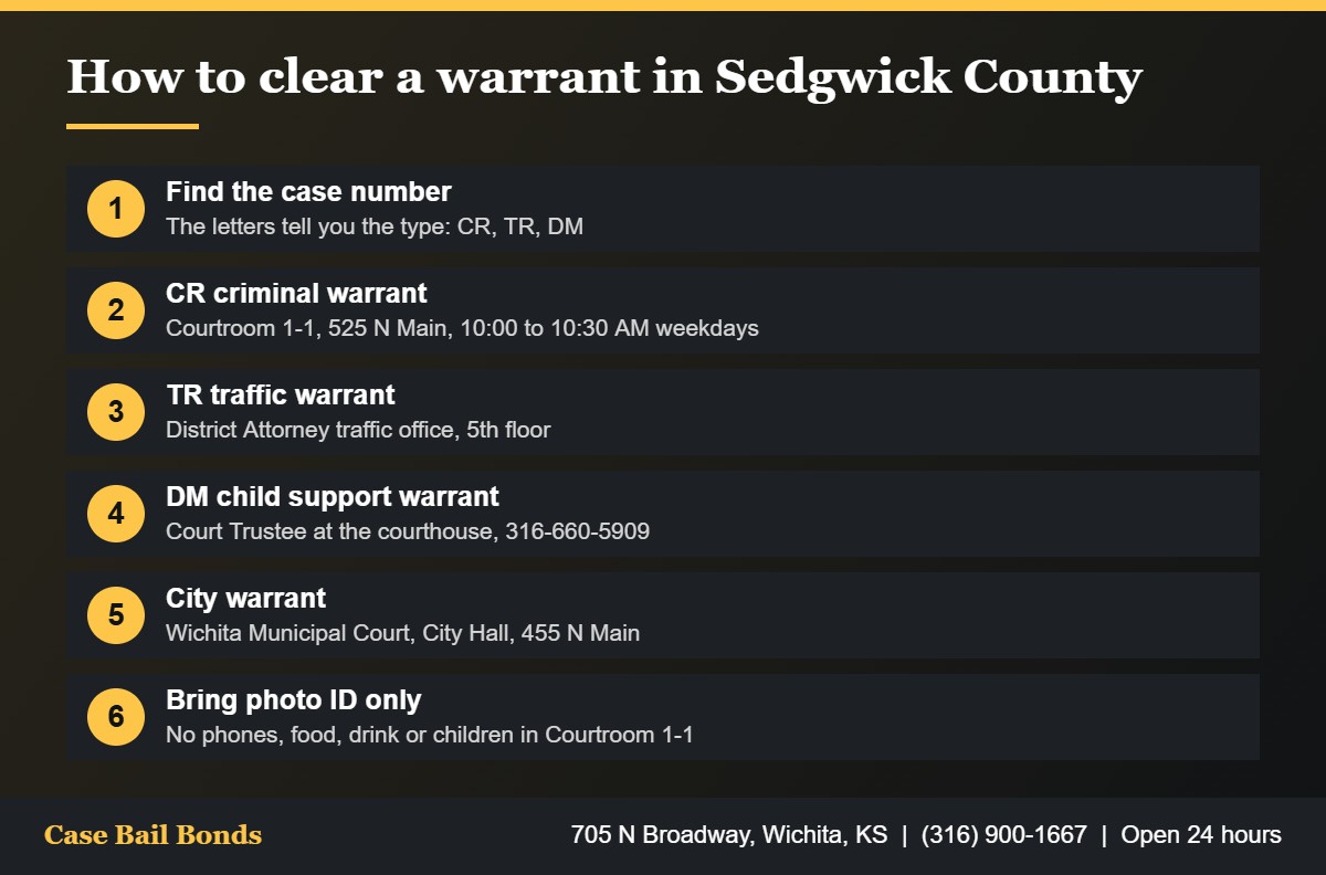 Steps to clear a warrant in Kansas at the Sedgwick County Courthouse, Courtroom 1-1, weekdays at 10 AM