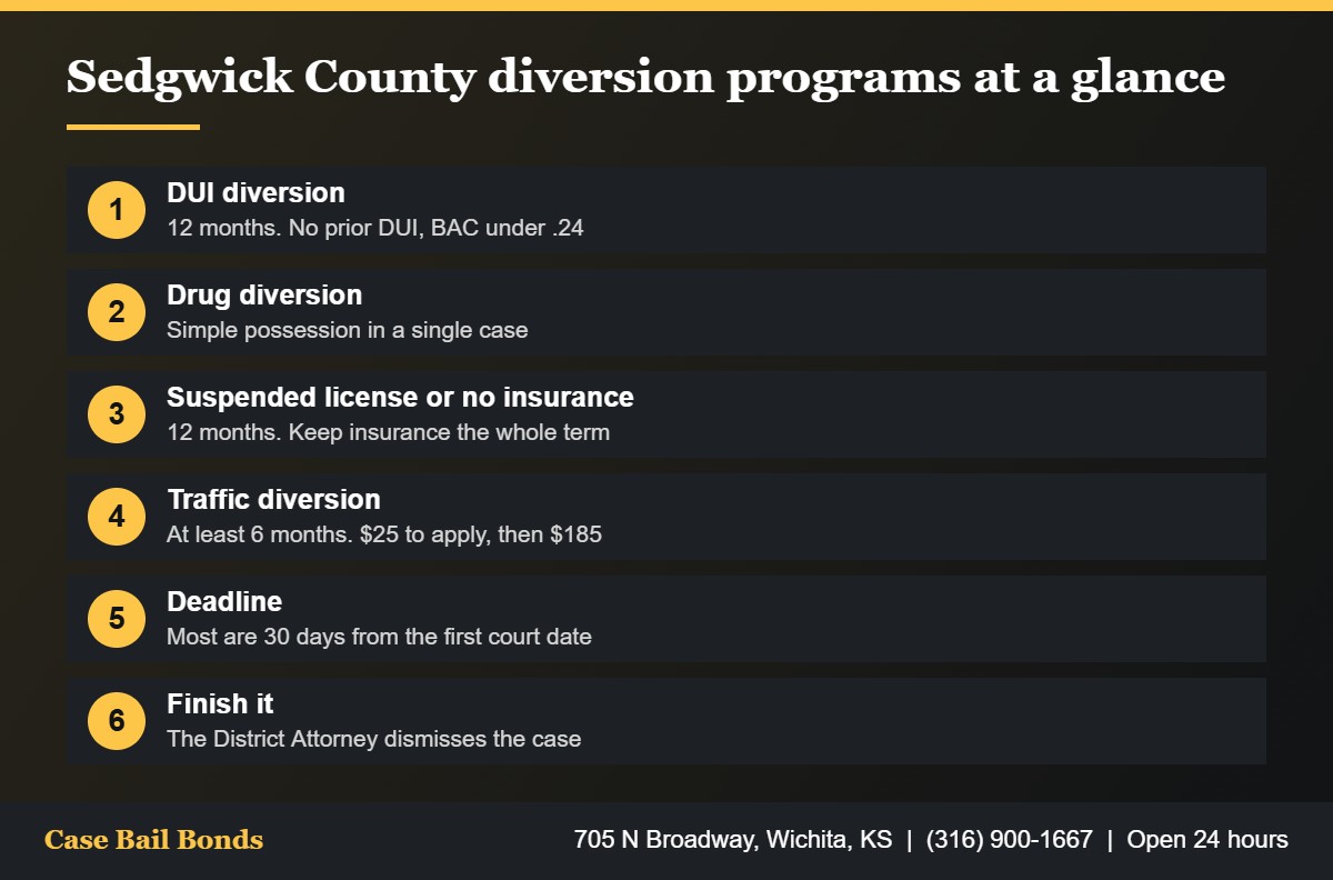 Summary of diversion in Sedgwick County for DUI, drug possession, driving while suspended and traffic cases