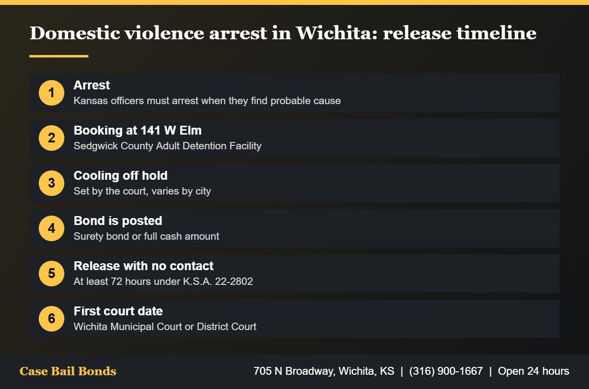 Timeline from a domestic battery arrest in Wichita to release with a 72 hour no contact condition