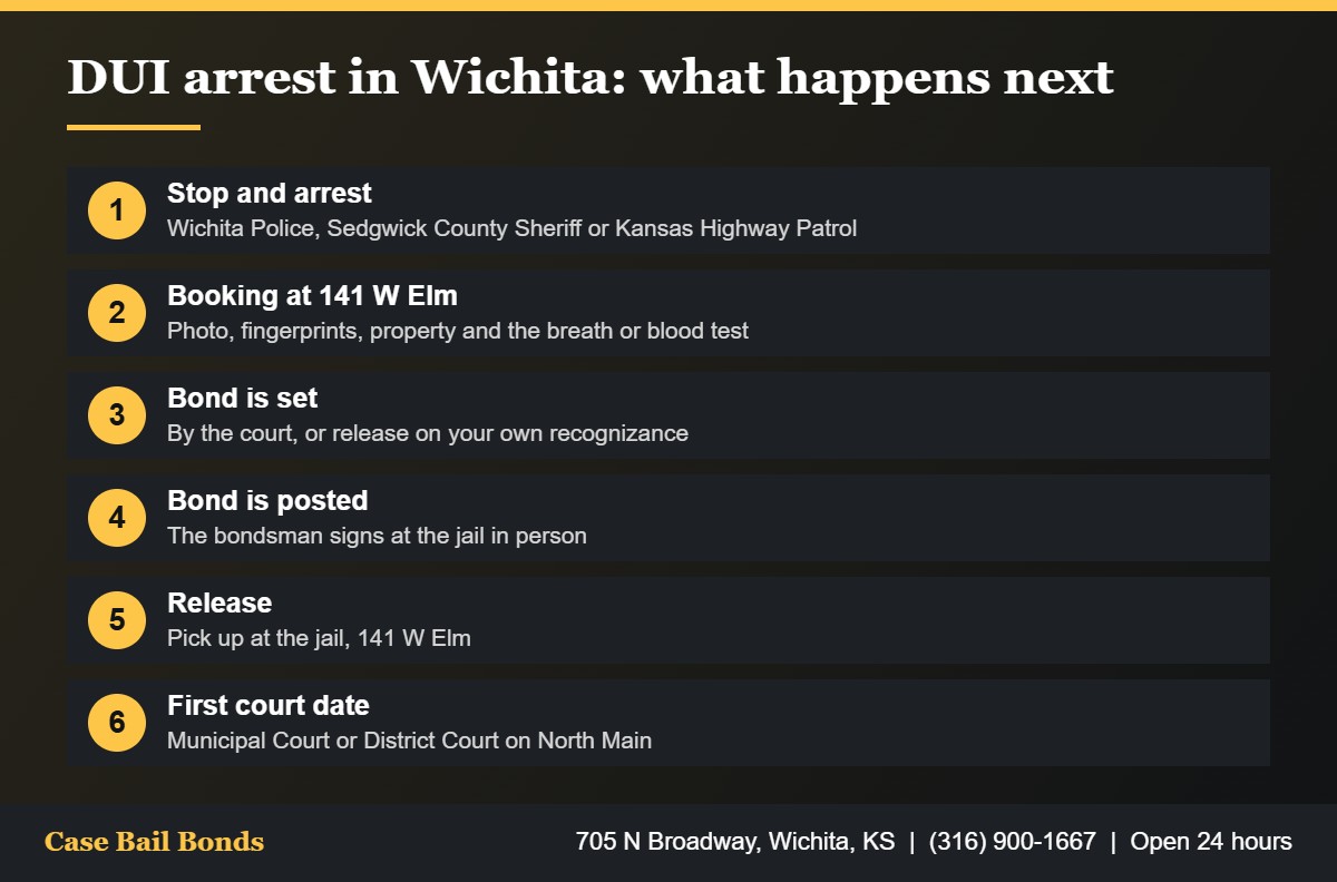 Six steps after a DUI arrest in Wichita, from booking at 141 W Elm to the first court date