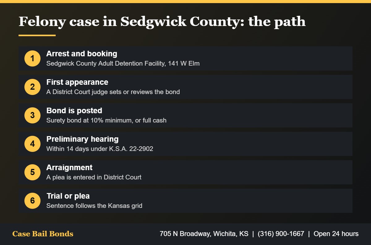 Steps in a Sedgwick County felony case from booking and bond to the preliminary hearing and trial