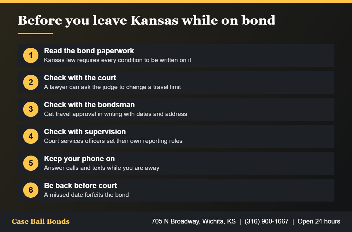 Three permissions to check before you leave Kansas while on bond: the court, the bondsman and the supervision officer