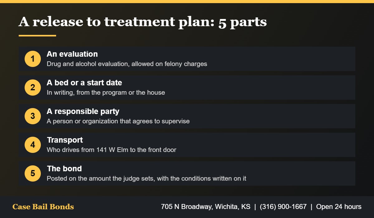 Five parts of a release to treatment plan presented to a Sedgwick County judge as a bond condition