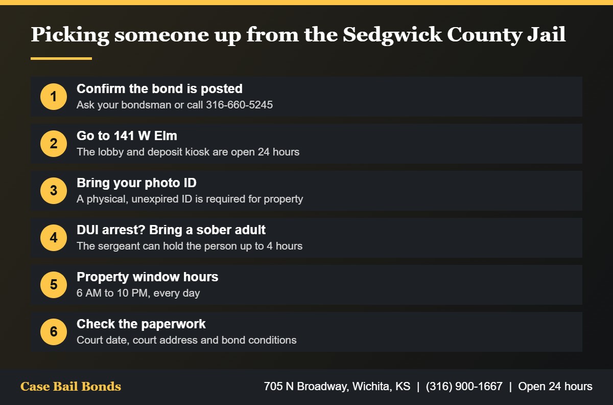 Checklist for a Sedgwick County Jail release pickup at 141 W Elm including ID, timing and property hours