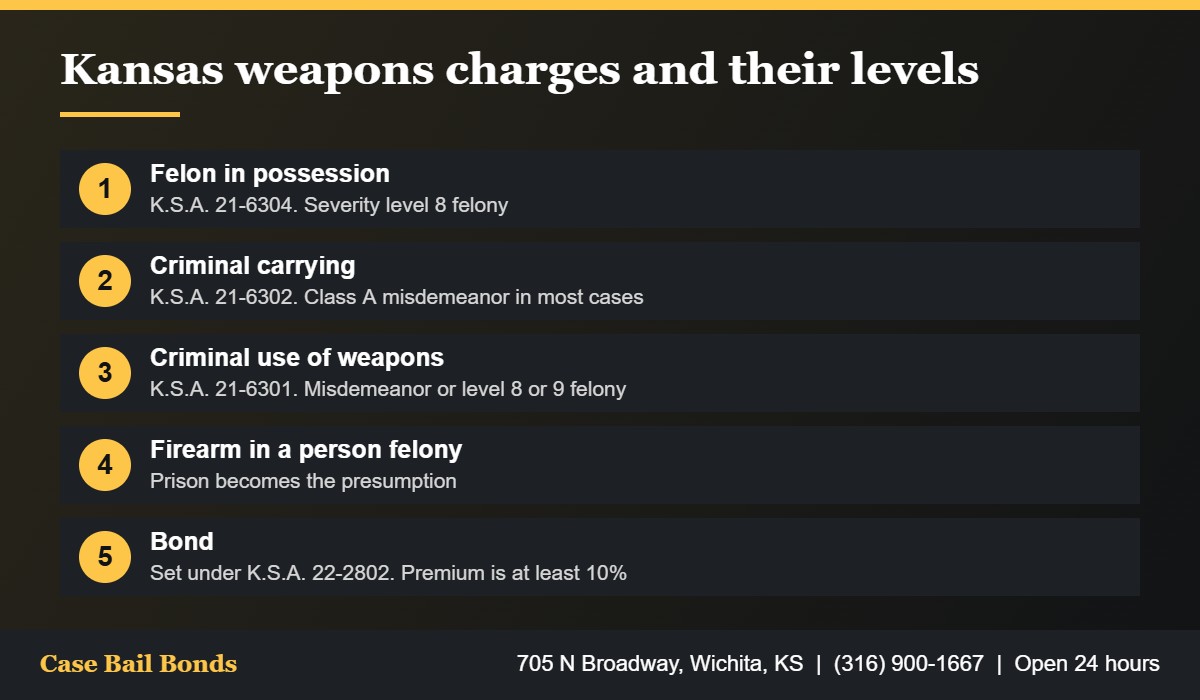 Chart of Kansas statutes behind weapons charge bail bonds in Wichita with misdemeanor and felony levels
