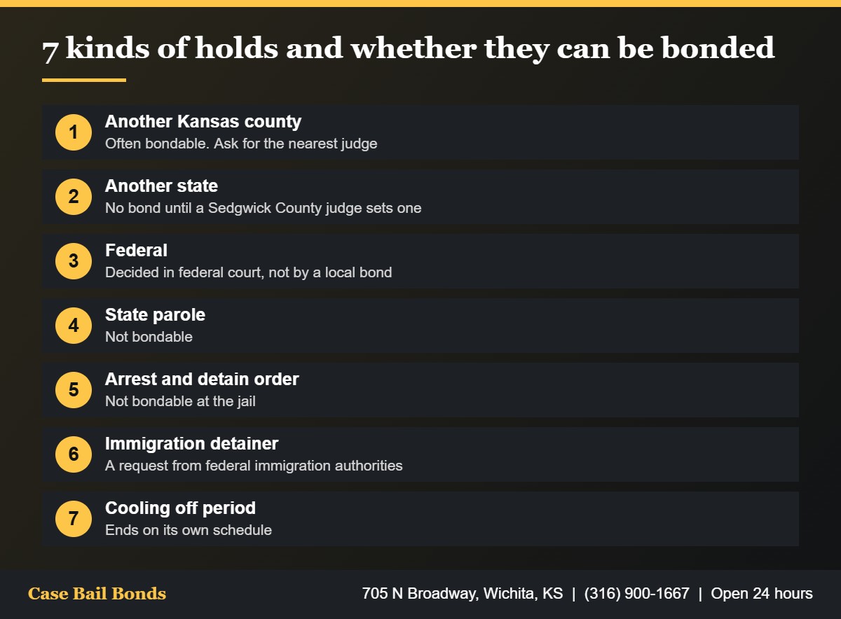 Seven kinds of holds explaining what a hold means in jail in Sedgwick County, with federal, parole and other county holds