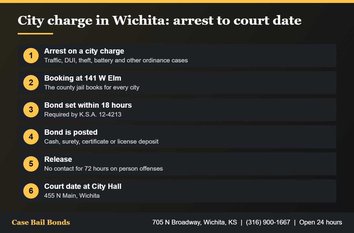 Steps for a Wichita Municipal Court bond from arrest on a city charge to the court date at City Hall