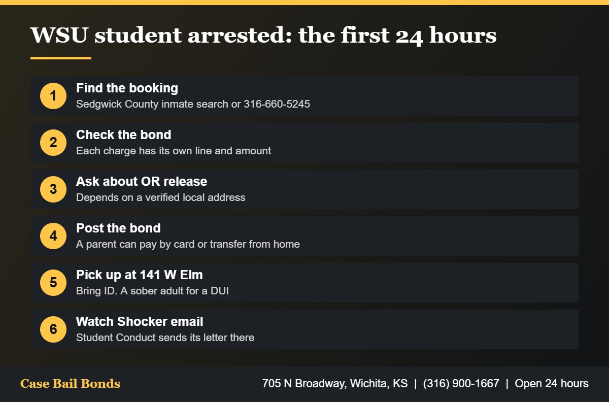 Steps for the first 24 hours after a Wichita State student is arrested, from finding the booking to the campus conduct letter